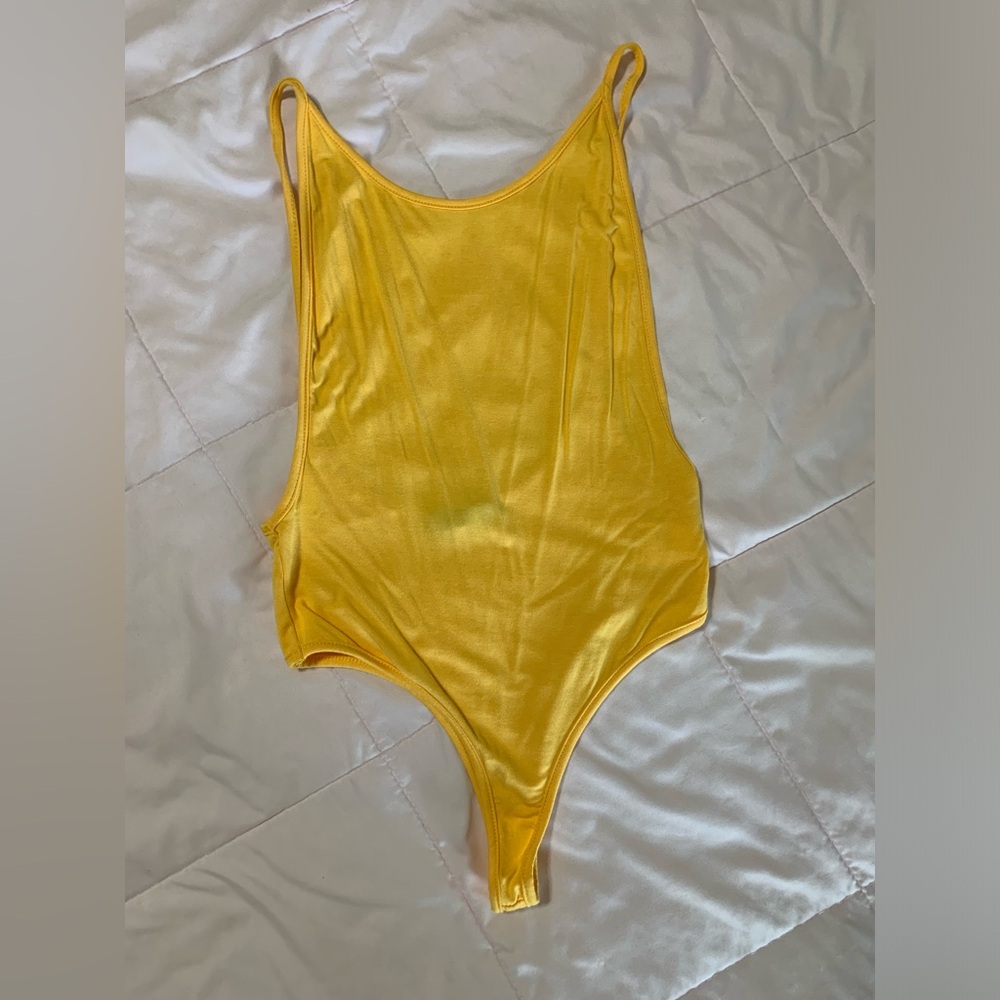 SHEIN yellow body suit open back spaghetti strap